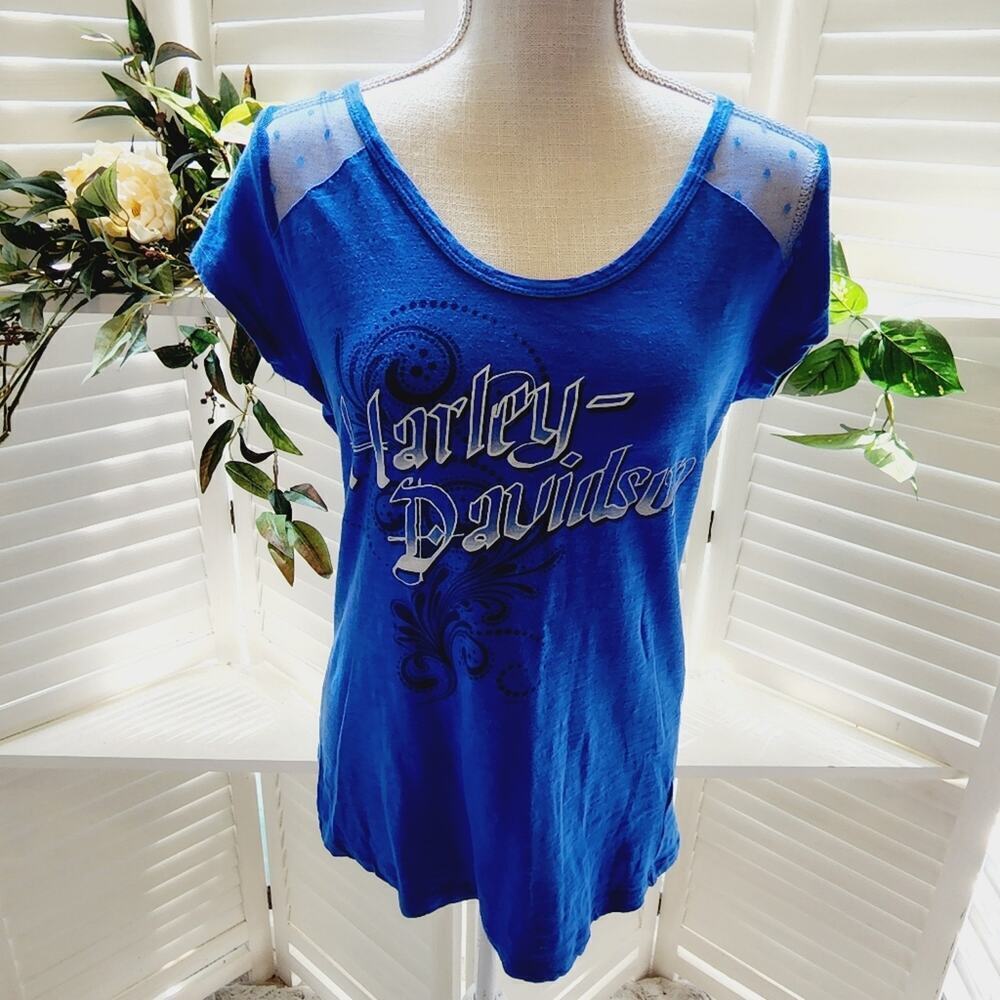 HARLEY DAVIDSON LACE BACK BLUE TEE SIZE LARGE